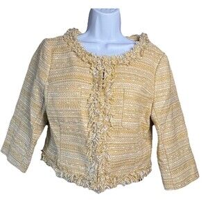 Lilly Pulitzer Gold Tweed Cropped Jacket Blazer Fringe Trim Pearl Detail Size 8